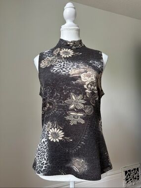 NUEVA‎ Vintage Dark Floral Whimsygoth Vamp Mock Neck Sleeveless Top Size 10